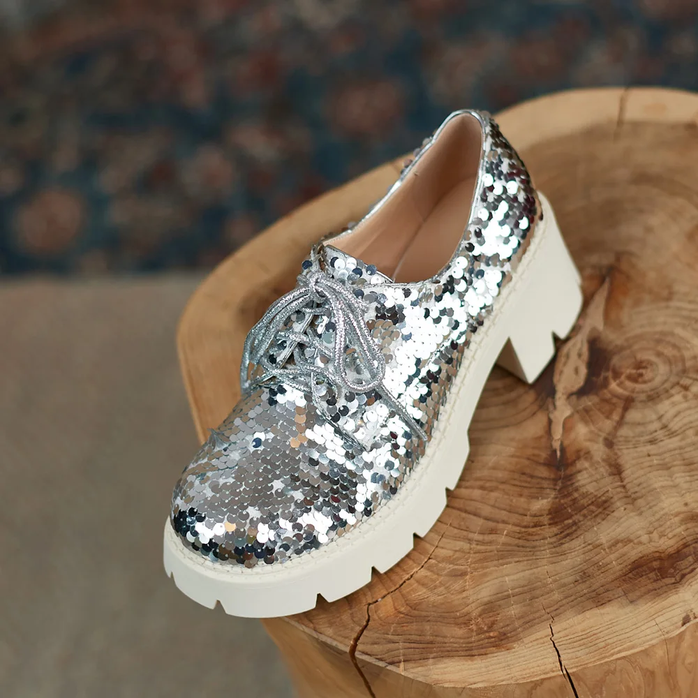 Women Spring Summer Casual Platform Footwear Leather Oxford Shoes Ladies Round Toes Lace Up Chunky Heels Black Silver Gold Green | Обувь