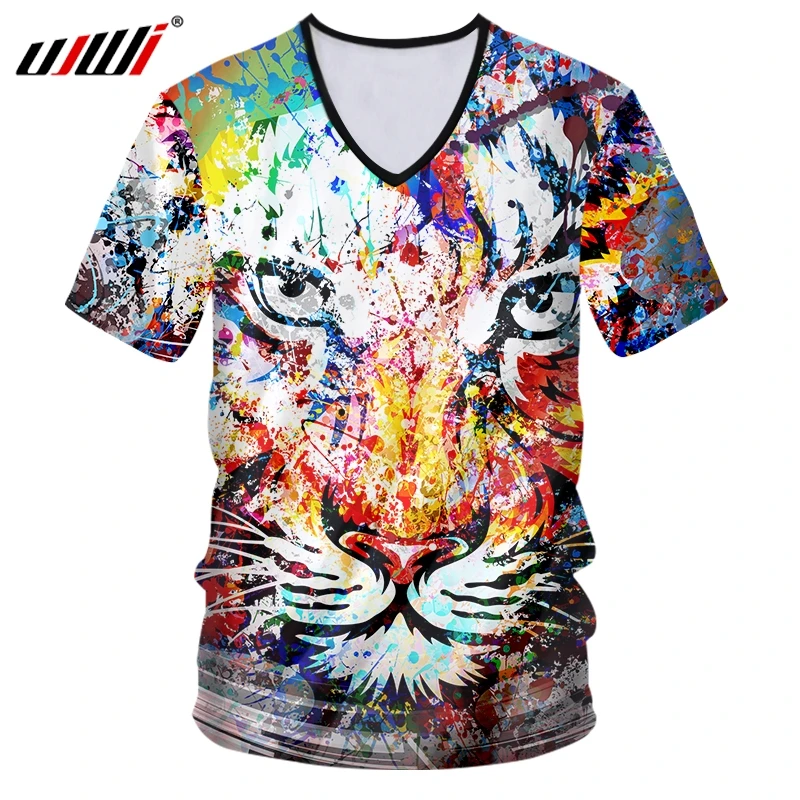 

UJWI Splashing Colorful Tiger Tshirt T-shirts Undershirt Print Harajuku 3D Hombre Hip Hop Casual Top V Neck Men Short Regular