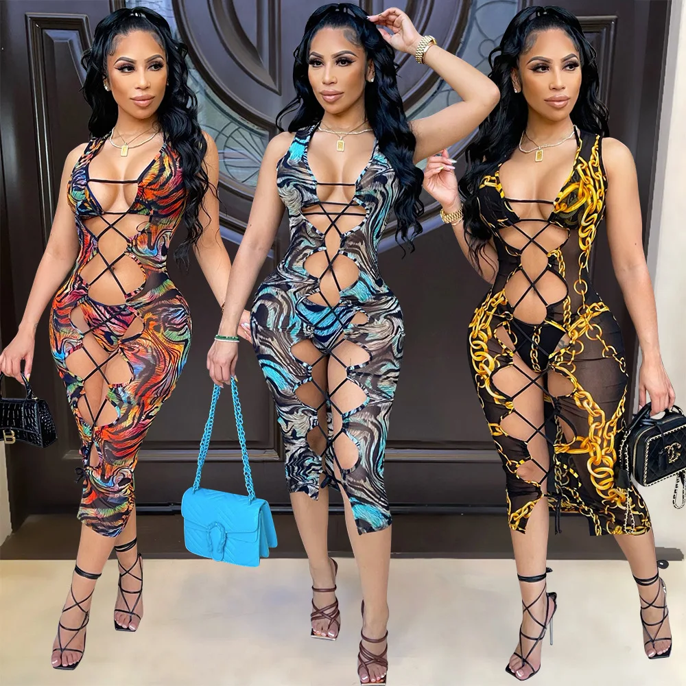 

Сексуальный прозрачный сетчатый комплект из 3 предметов с принтом, женская прозрачная пляжная одежда с вырезами и перекрестной шнуровкой, комплект одежды для клувечерние