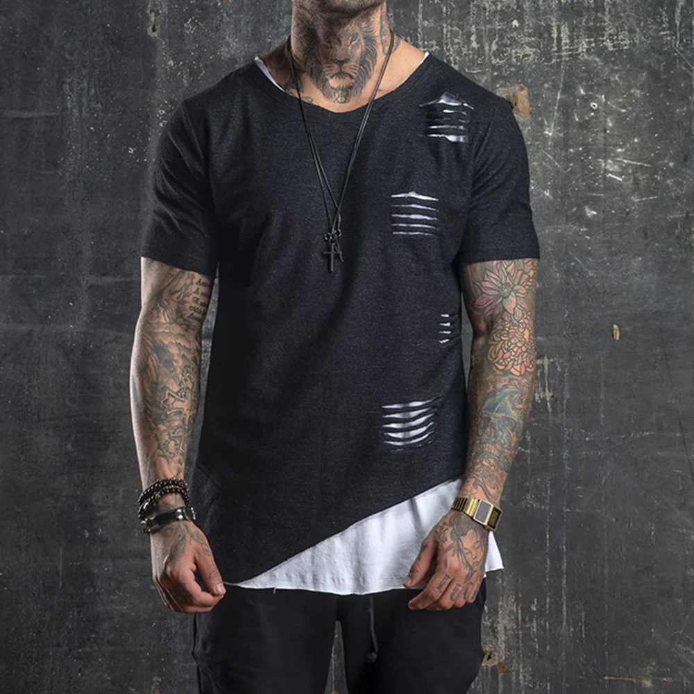 

Футболка мужская приталенная с дырками, Модный Цветной пуловер с коротким рукавом, повседневная одежда, весна-лето-осень 2021