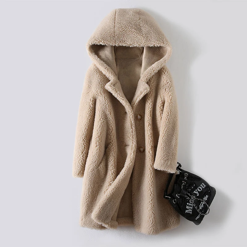 2021 New Sheepskin Coat Women's Winter Hooded Lambskin Women's Mid-length Straight Warm Single-breasted Jacket Office Lady