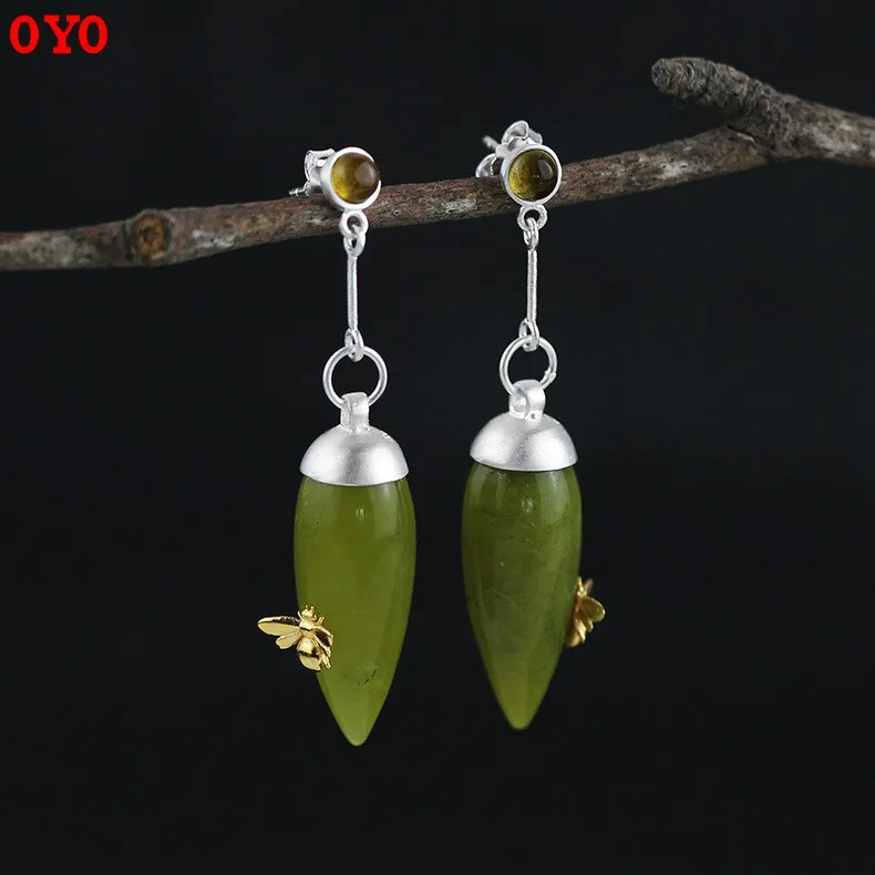 925 Pure silver Natural Stone Bee Drop Shaped Women's Earrings | Украшения и аксессуары