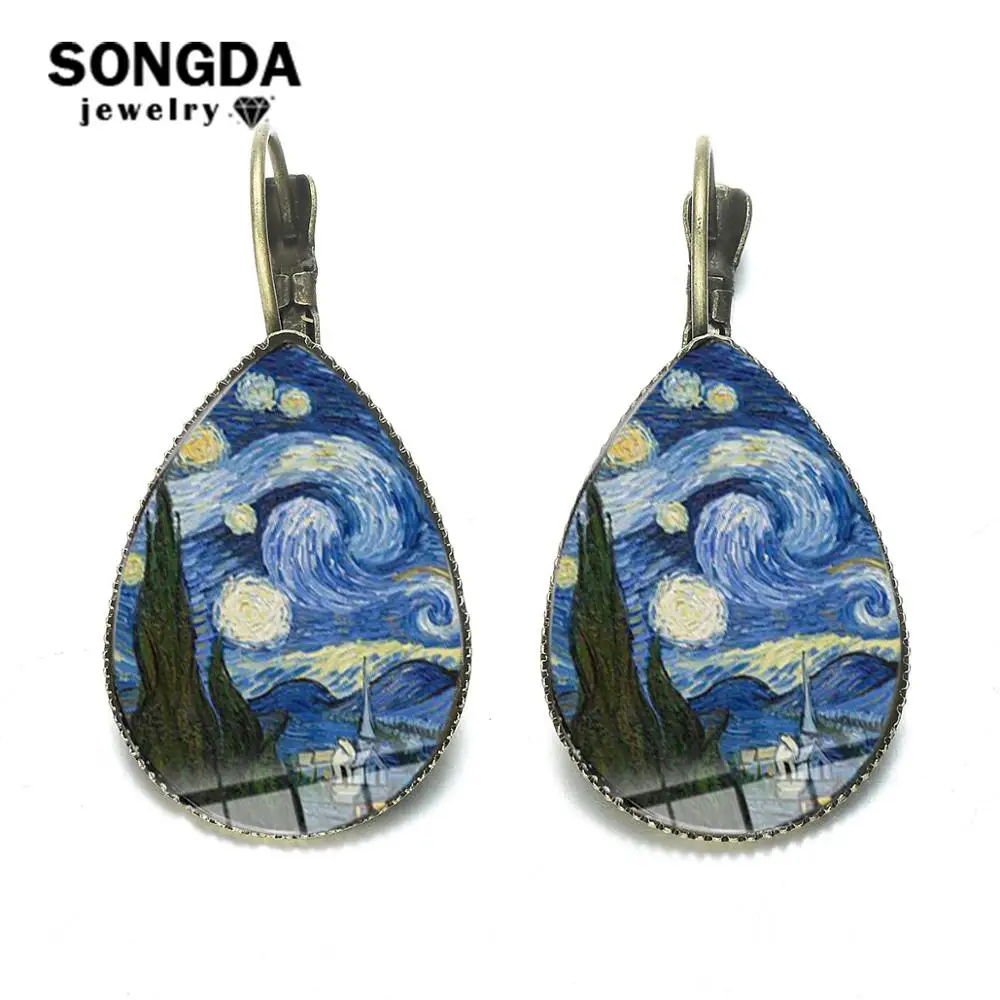 

SONGDA Van Gogh Starry Night Sunflower Earrings Vintage Bronze Famous Artist Oil Painting Glass Dome Water Drop Earrings Jewelry