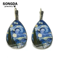 songda van gogh starry night sunflower earrings vintage bronze famous artist oil painting glass dome water drop earrings jewelry