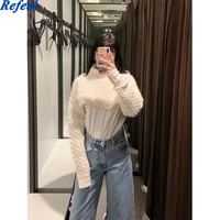 women 2020 fashion arm warmers cropped cable knitted sweater vintage high neck long sleeve female pullovers chic tops