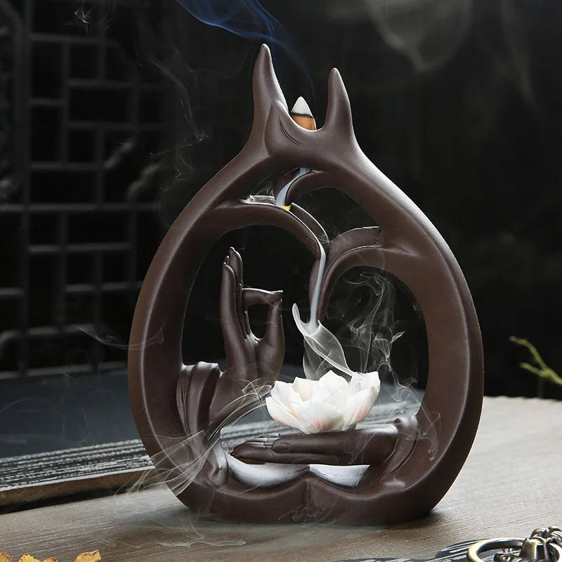 

Buddha Hand Backflow Incense Burner Smoke Waterfall Lotus Flower Stick Incense Holder Meditation Ceramic Aromatherapy Censer