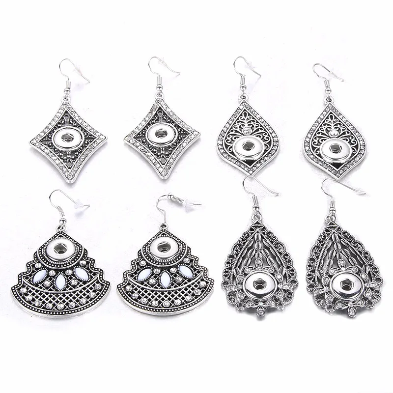 

New 12mm Snap Earrings Vintage Water Drop Earrigs Ethnic Hollow out Mini Button Earrings Crystal Rhinestone for women