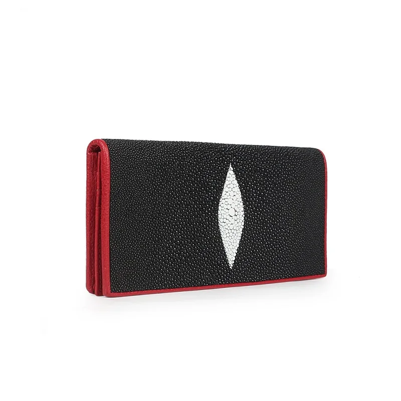 

Authentic Real True Stingray Skin Black Red Color Lady Long Bifold Wallet Clutch Purse Exotic Genuine Leather Women Card Holders
