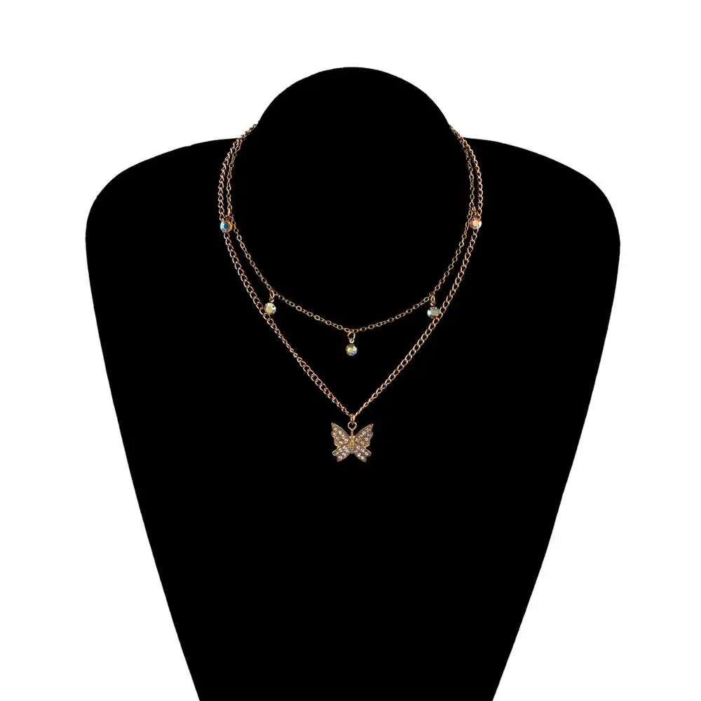 

Gold Butterfly Charms Pendant Necklace AB Rhinestone Chain Neck Layered Jewelry Girls Choker Fashion Accessories