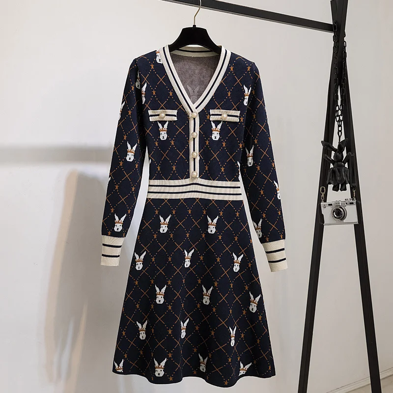 

French Vintage Small Fragrance Knitted Sweater Dress Women Autumn Winter New Korean Fashion Casual Mini Dress Party Robe Femme