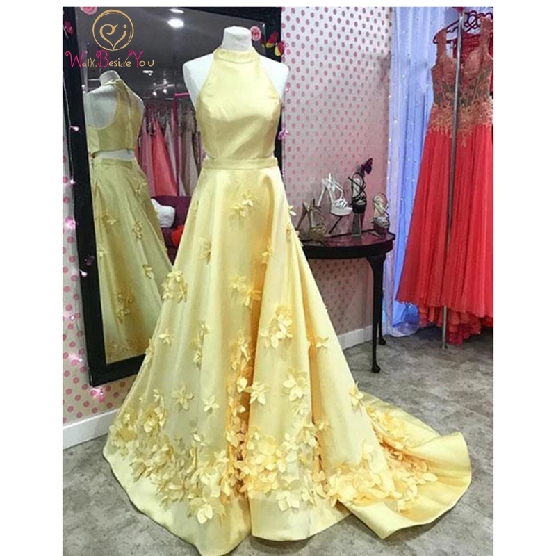 

Yellow Evening Dresses Flowers Halter Neckline Satin Sleeveless A Line O Neck Sweep Train Prom Formal Party Gowns Custom made