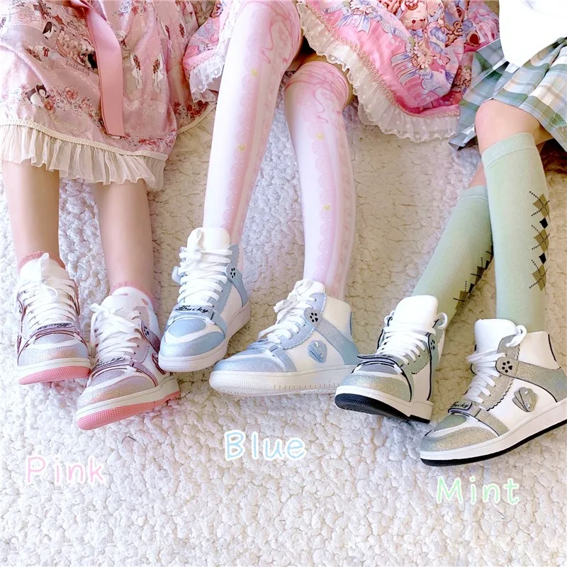 

high top Lolita Sneaker Women Harajuku Cute Round Head Pink Blue Shoes College Style Casual Street Shooting Japanese Shoes Women