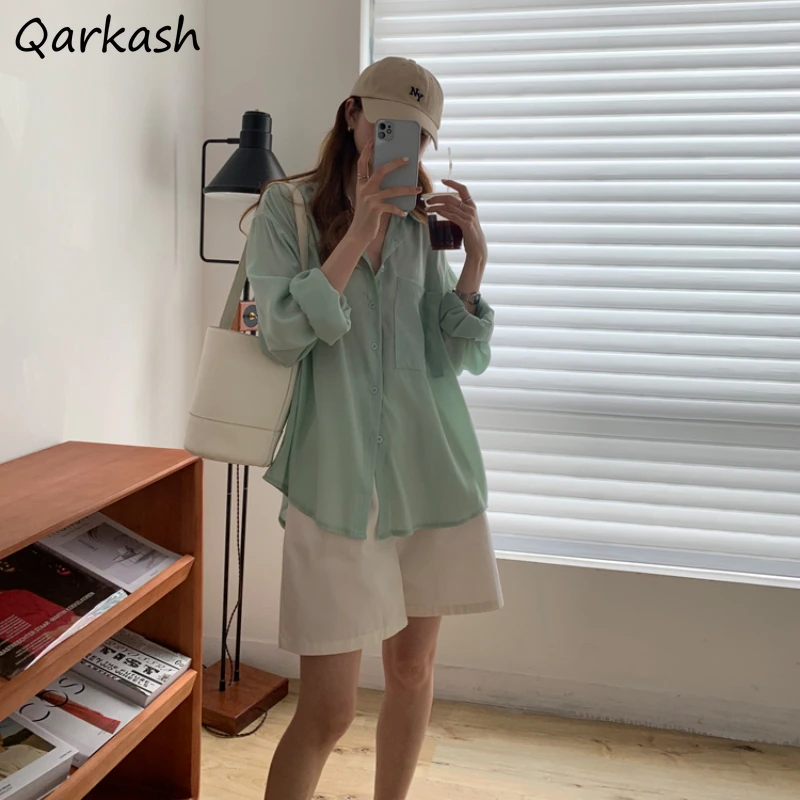 

Женские солнцезащитные рубашки, универсальные элегантные стильные летние удобные однобортные рубашки с длинным рукавом в Корейском стиле ...