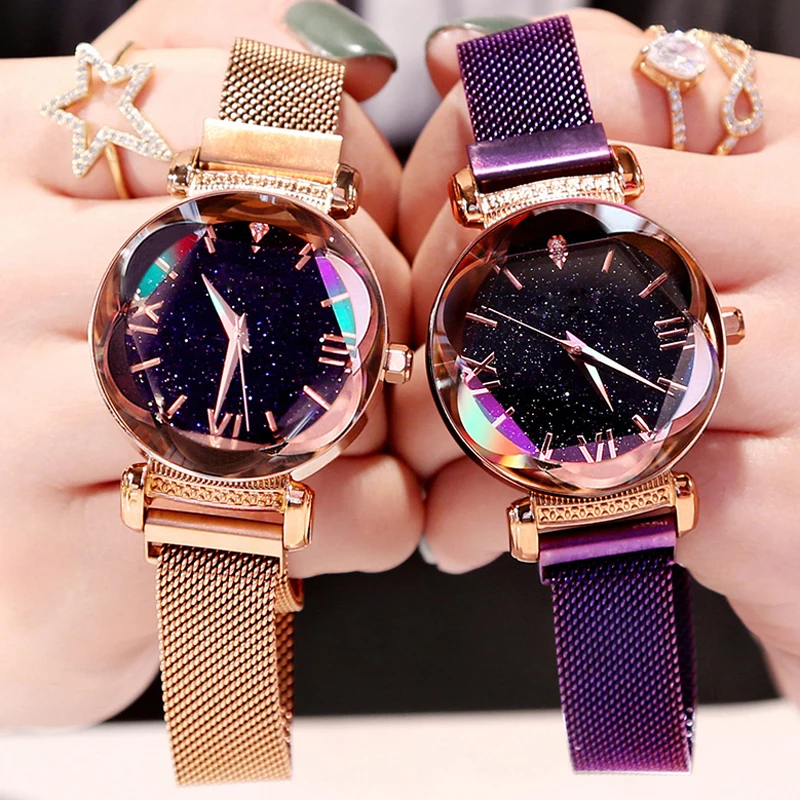 

Luxus Rose Gold Frauen Uhren Mode Diamant Damen Starry Sky Magnet Uhr Wasserdichte Weibliche Armbanduhr Fur Geschenk Uhr 2019