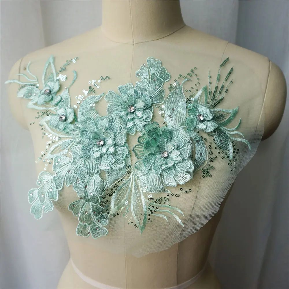 Мятно зеленый 3D цветок ткань из листового Кружева стразы с блестками вышитые
