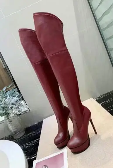 

Moraima Snc Newest Stretch Fabric Leather Long Boots Platform Over the Knee High Heel Boots Sexy Thigh High Shoes