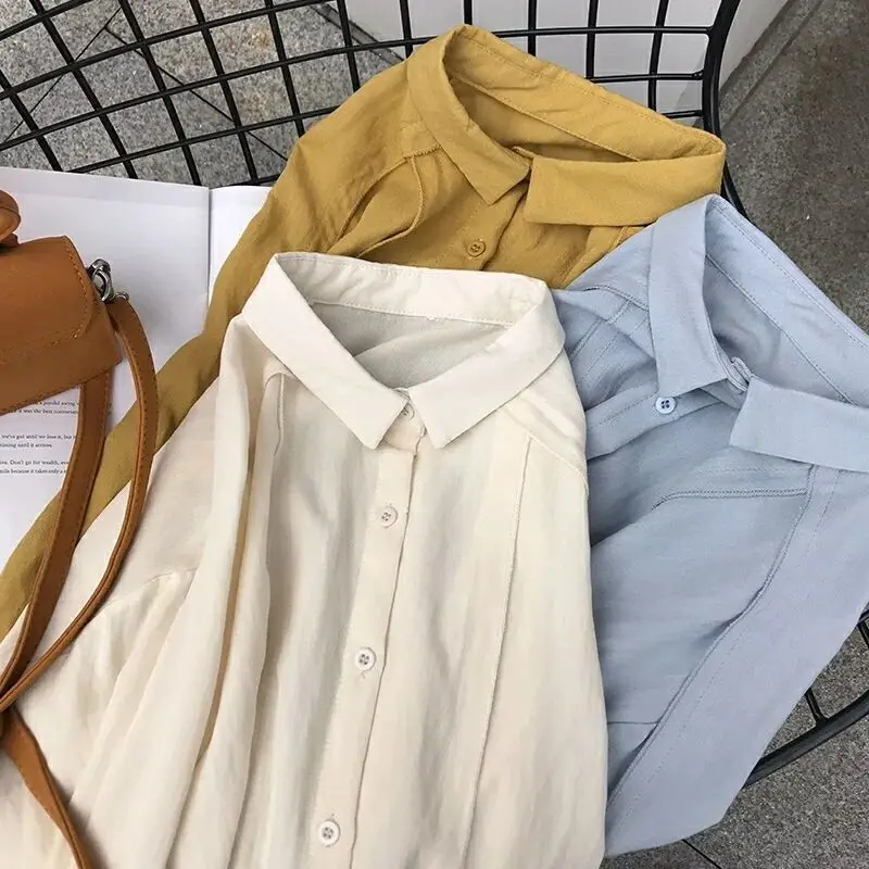 

New Long Sleeve Women's Blouses Lapel Solid Color Fashion Top Comfortable Casual Summer Korean Shirt Button Tops