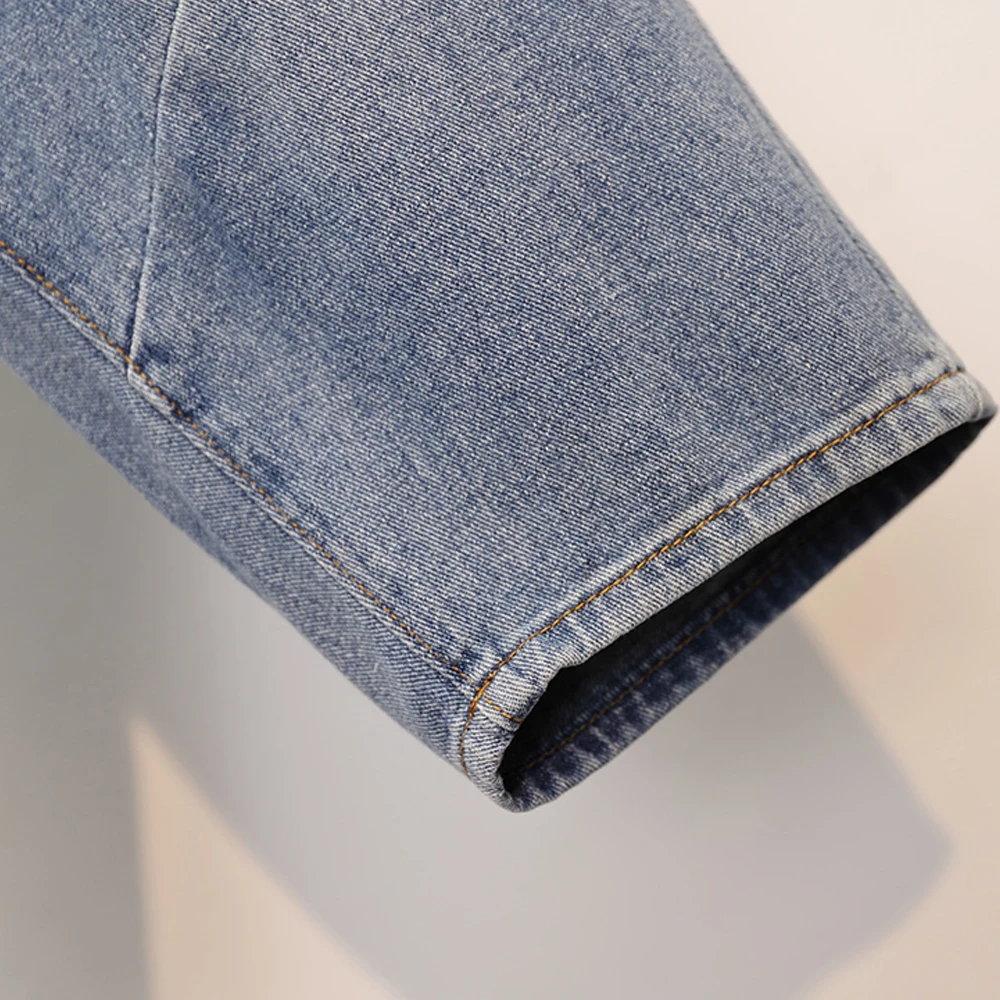 

Plus Size Women Jeans Summer Calf Length Denim Pants Jeans Vintage Elastic High Waist Beaded Casual Jeans