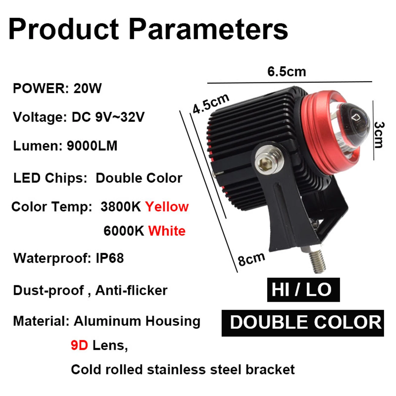 

Universal Car Motorcycle LED Projector Lens Work Spotlights White Yellow Dual Colors High Low Beam High Power Mini Size External