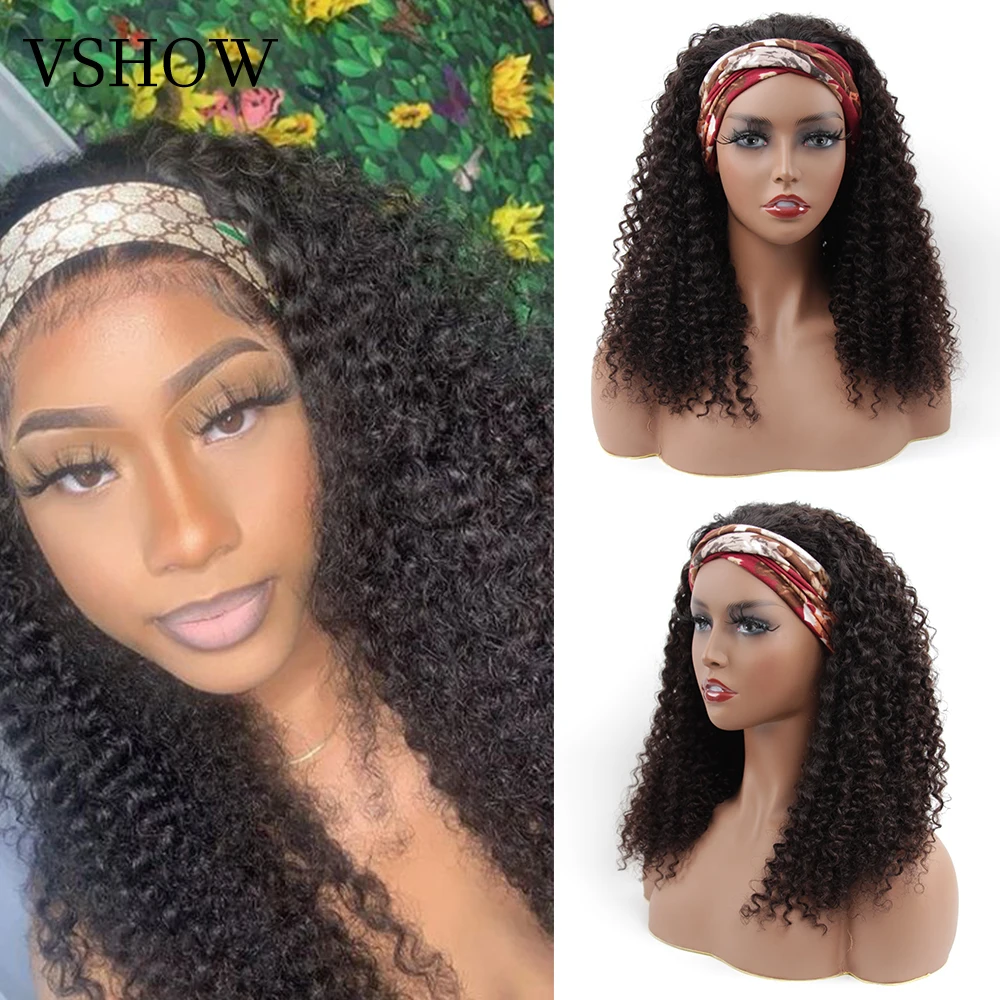 

VSHOW Hair 32 Inch Kinky Curly Headband Wigs Remy Brazilian Headband Scarf Human Hair Wigs For Black Women No Glue No Sew In