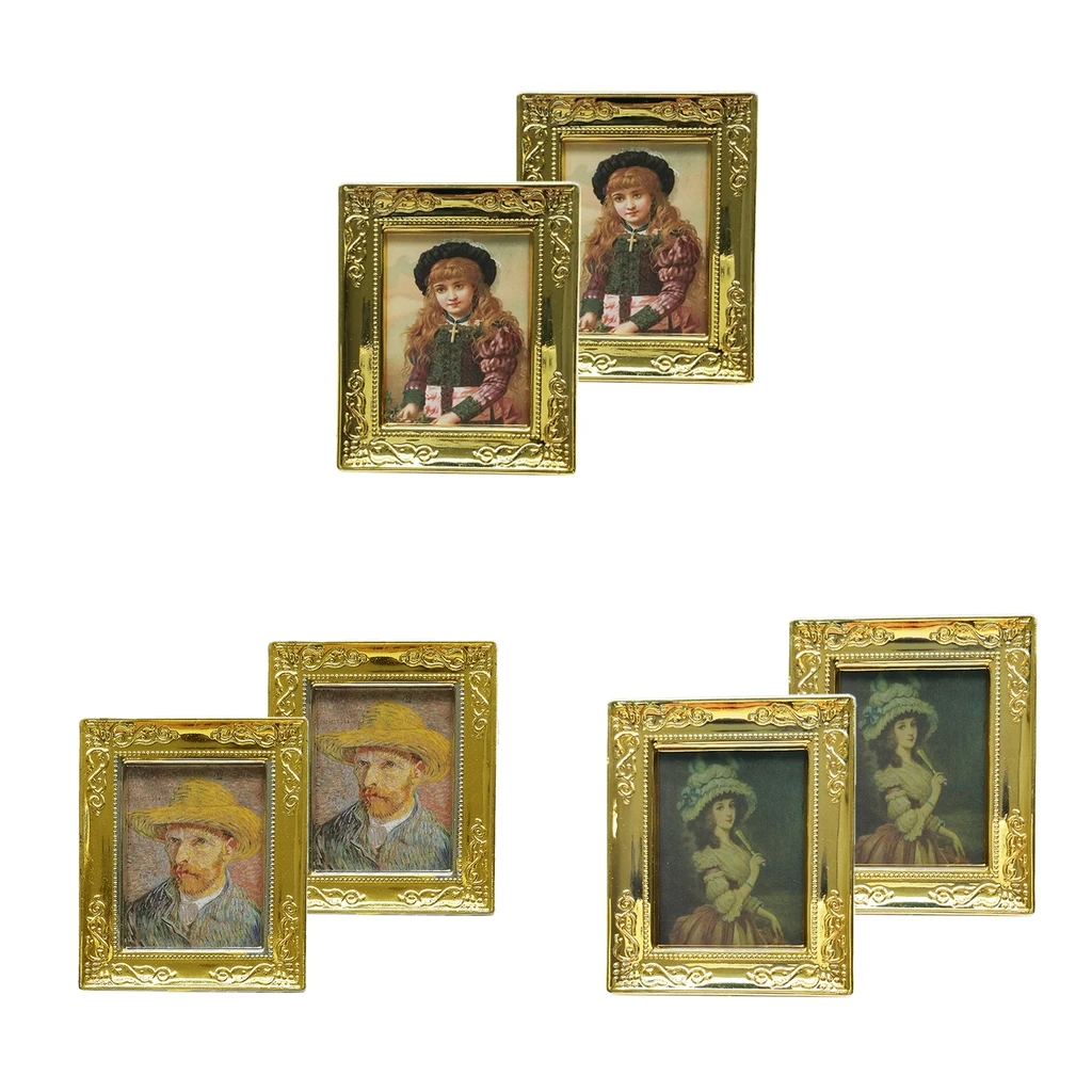 

2Pcs 1:12 Scale Dollhouse Miniature Toy Picture Frame Doll Home Decor,Gold Frame Miniature Accessory