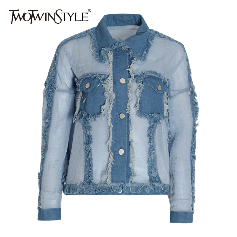 TWOTWINSTYLE Patchwork Denim Women's Shirt Lapel Collar Long Sleeve Perspective Summer Casual Blouse Female 2019 Fashion New |