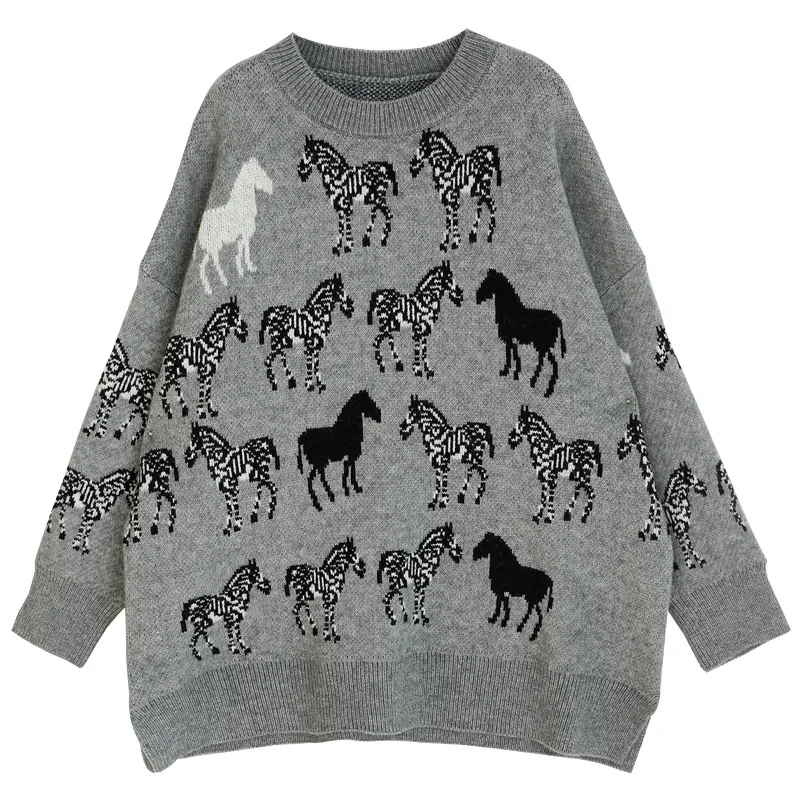 

Fashion Animal Horse Pattern Women Sweater Long Sleeved O-Neck Sueter 2020 New Long Sleeved Casual Knitted Pullovers Tops
