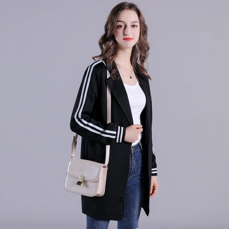 Черный Повседневный Блейзер Свободное пальто женский длинный стиль