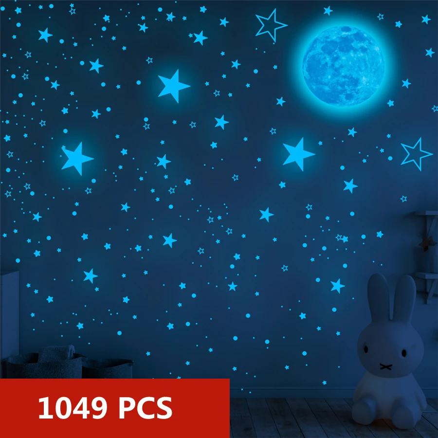 

30/20cm 1049pcs Luminous Wall Sticker Moon Stars Dots Luminous Children Room Ceiling Stairs Decoration Fluorescent Mural Decals
