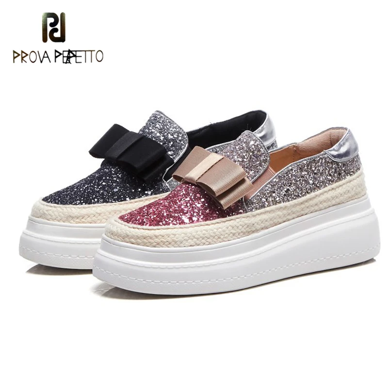 

Fashion Cowhide Sequins Stitching Straw Shoes Single Shoes Women's Round Toe Shallow Mouth Platform Platform Shoes Bow Loafers