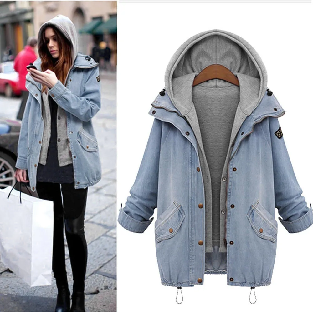 

NEW Winter Women's Denim Hooded Jacket Jacket Blue Button Loose Winter Warm Windbreaker Parker Denim Jacket Women's Large Size