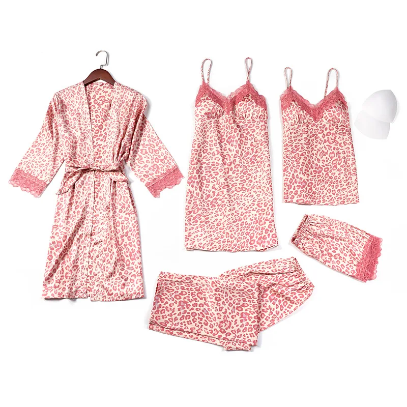 

Summer Leopard 5PCS Bathrobe Pajama Set Women Sexy Lingerie Pijama Mujer Satin Silk Casual Nightgown Sleepwear пижама женская