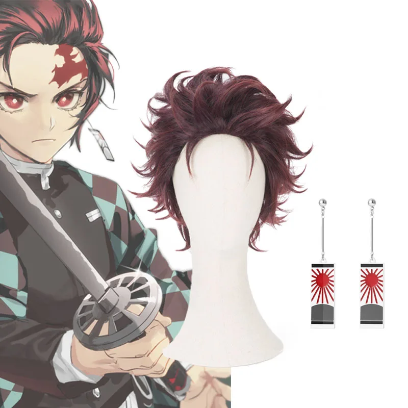 

Anime Demon Slayer Kimetsu No Yaiba Tanjiro Kamado Short Chestnut Brown Heat Resistant Hair Cosplay Costume Halloween Wig