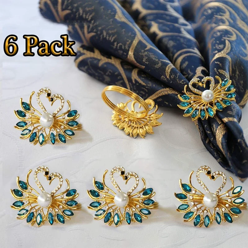 

Hot Valentine's Day Gift Blue Napkin Ring 6 Piece Set Exquisite Swan Napkin Ring with Blue Rhinestones Tabletop Decoration