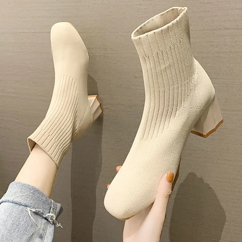 

Women's Stretch Fabrics Sock Boots For Women Shoes Square Heel Yellow Knitting shoes Elastic Cotton Boots Lady Footwear
