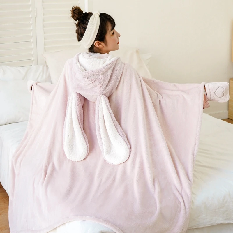

Lovely Pink Comfy Winter Warm Flannel TV Blanket Sweatshirt Adults and Children Rabbit Ear Hooded Fleece Blanket Sleepwear Cloak