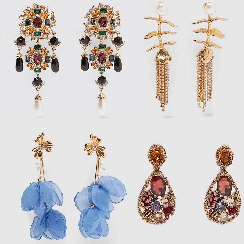Женские Висячие серьги с цветком и блестящими кристаллами ZA винтажные длинные