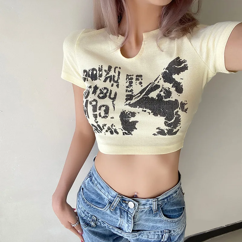 

2021 Summer Women's New Graffiti Printing Short Navel Short Sleeve Sexy Slim T-shirt Female Crop Tops Tshirts