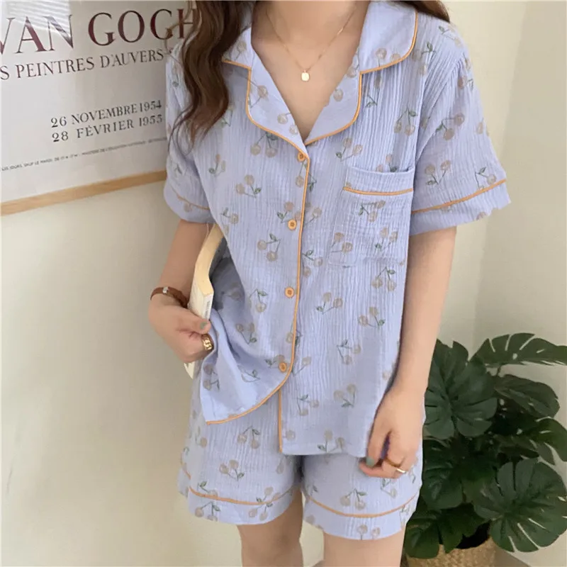 

2021 Comfortable Girls Thin Printing Fashion Summer Femme Sweet Casual New Cotton Soft Sleepwear Loose Pajamas Sets