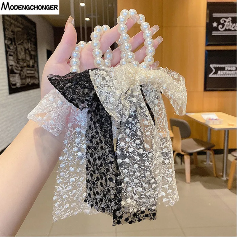 

1PC Fashion Elegant Women Hair Ropes Black White Lace Bowknot Pearl Streamer Hairpin Hair Band Girls Headwear Hair Accessories