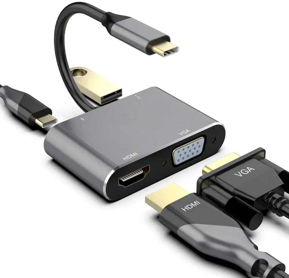 

Кабель-Переходник USB C на 4K HDMI VGA адаптер 4-в-1 док-станция USB 3,0 OTG для подключения зарядного устройства Мощность PD Порты и разъёмы Совместимост...
