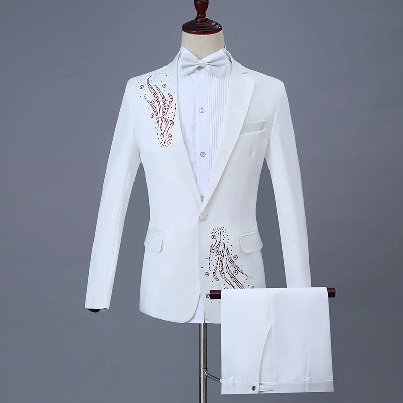 

Asymmetrical Rhinestone Pattern Men's Wedding Suits Formal Fashion Male Party Dress Slim Talicoat Single Button Man Blazer Sets