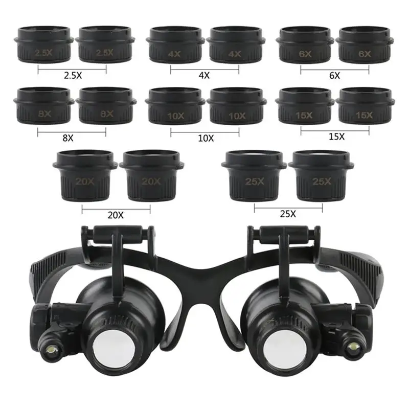 

Head Wearing Magnifier Set with 2LED 2.5X 4X 6X 8X 10X 15X 20X 25X Magnifier Glasses Optical Lens Glass Loupe for Jewelry Repair