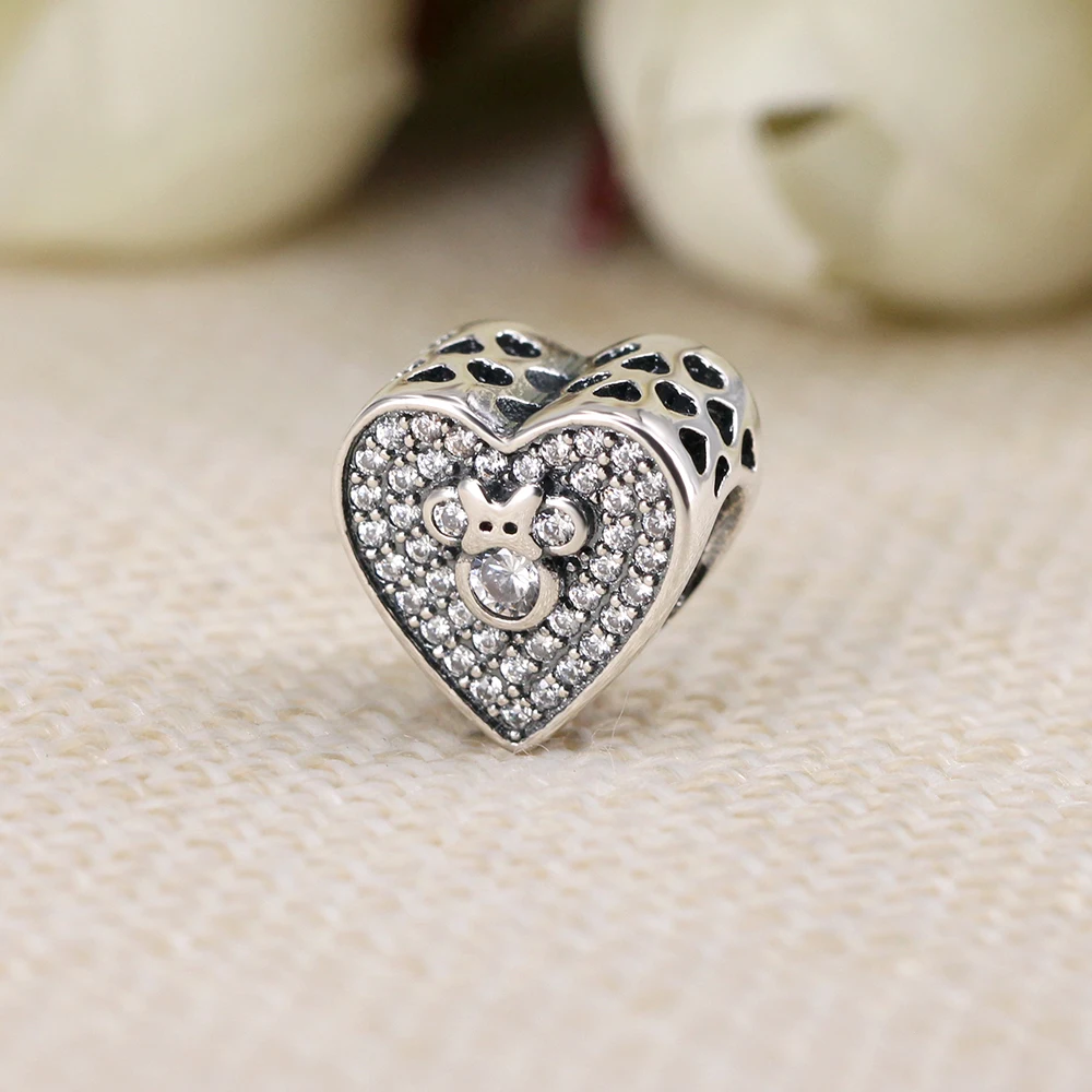 Sparkling Heart Серебряные бусины 925 пробы кристалл Микки Минни безопасная цепь Шарм Подходит Пандора браслет DIY женские ювелирные изделия - Цвет: Sparkling Heart