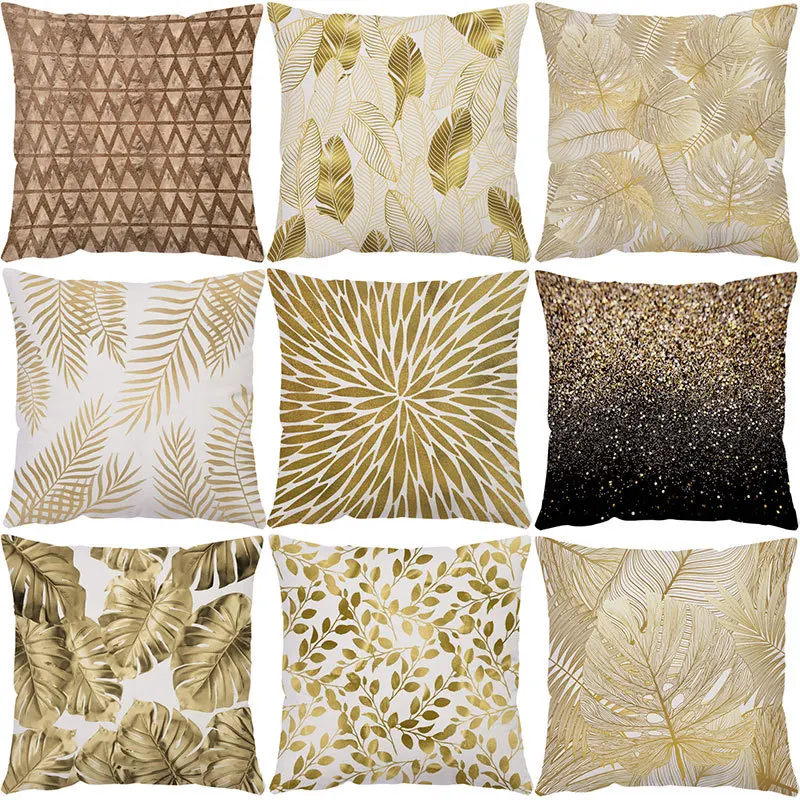 

Cushion Cover Decorated Gold Leaves Wave Pillowcase Sofa Car Waist Cushion Throw Pillow Cover Sofa Decorative Pillows 45*45cm