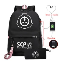 2pcs scp foundation fashion backpack pencil cases school bag bookbag women men usb travel shoulder laptop bags