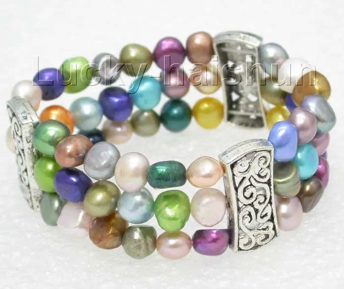 Бесплатная доставка&gt Эластичные! 3 ряда 9 мм многоцветный барокко Жемчуг Браслет