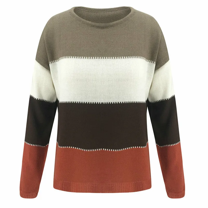 

Women Striped Knitted Sweater Jumper Long Sleeve Ladies Round Neck Sweaters Pullover Tops