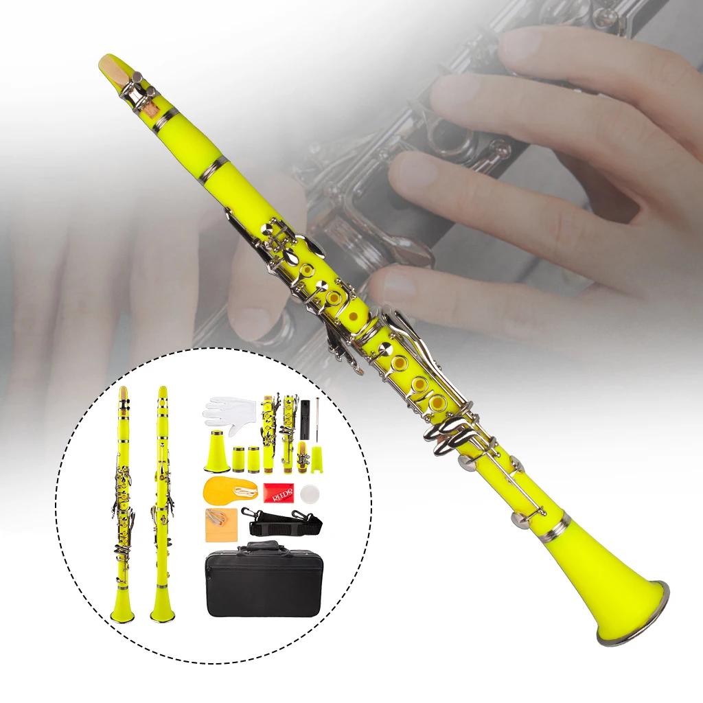 Yellow ABS Clarinet Bb Cupronickel Plated Nickel 17 Key with Cleaning Cloth Gloves Screwdriver Woodwind Instrument enlarge
