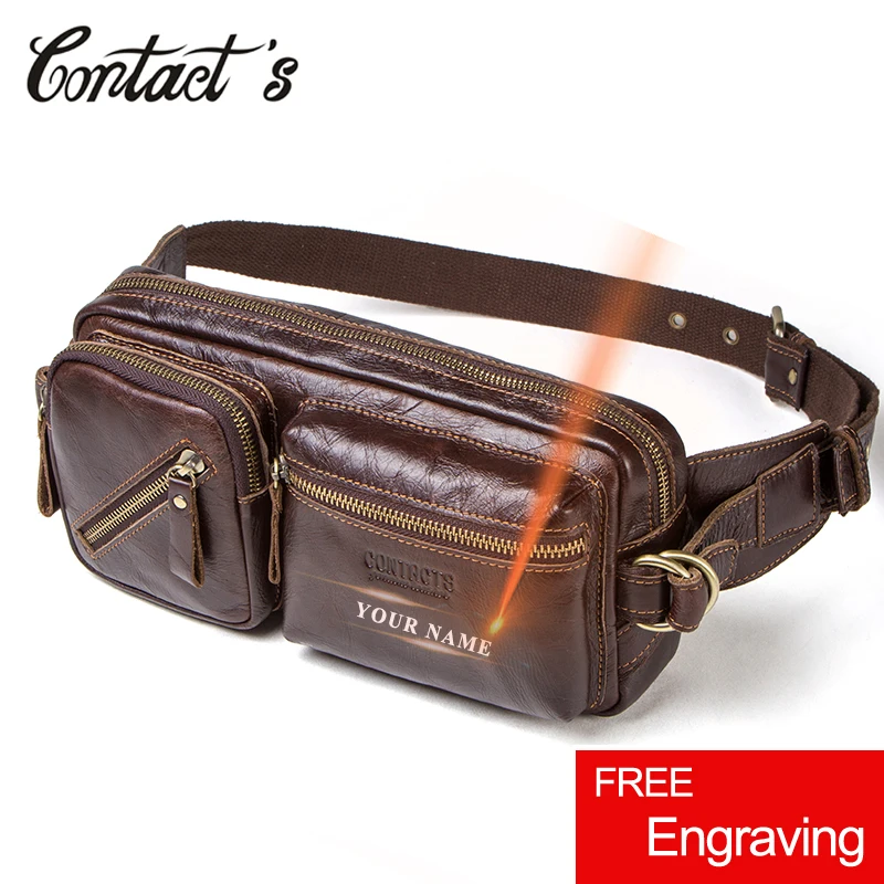 

Contact's Brand Designer Genuine Leather Waist Packs Men Travel Fanny Pack Male Small Waist Bag for Cellphone Zipper Coin Pocket